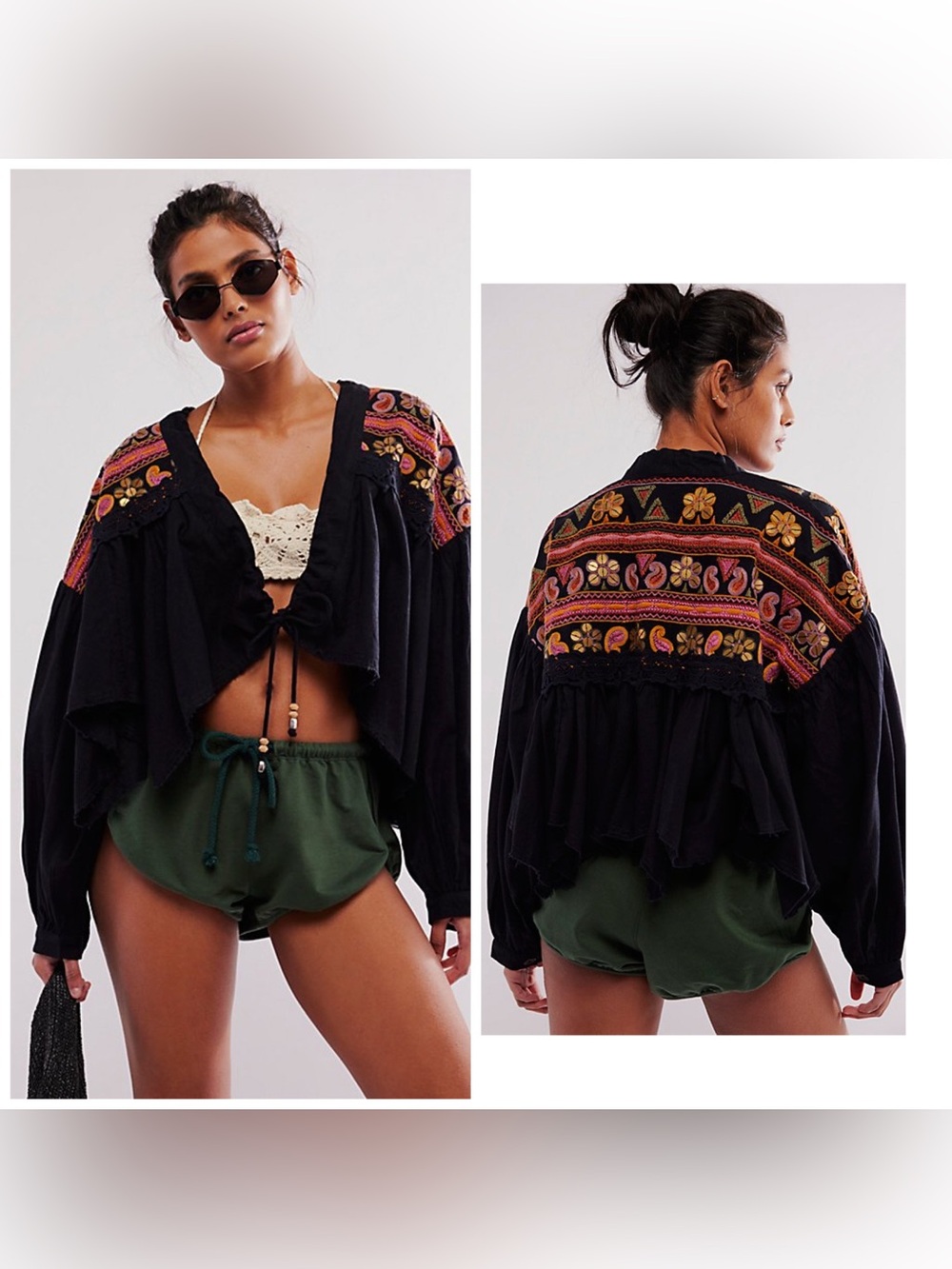 Free‎ People Savannah Bed Jacket Tribal Festival Embroidered XS Black